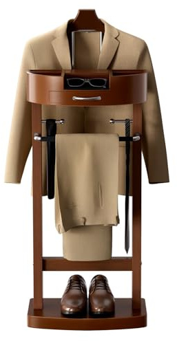 Qcesorib Solid Wood Suit Rack Stand, Freestanding Valet Stand with Tray, Men's Valet Coat Stand with Contour Hanger, Solid Base, for Bathroom Office Bedroom, Walnut