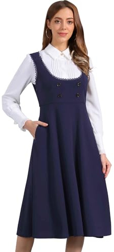 Allegra K Robe Chasuble Femmes Garniture en Dentelle Salopette Double Boutonnage Décorative sans Manches Robe Midi Trapèze Bleu foncé L