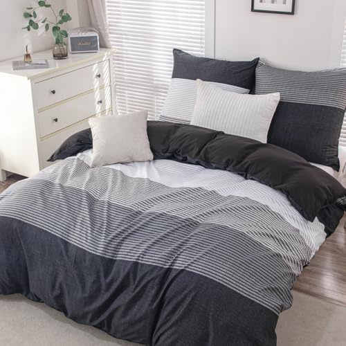 Nesture Bettwäsche 155x220 2teilig Mikrofaser, Gestreift Schwarz | 1x Bettbezug 155x220 + 1x Kissenbezug 80x80cm mit Reißverschluss, Bettwäsche-Sets Wendebettwäsche, weich & bügelfrei