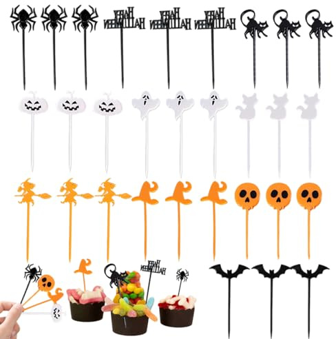 HABNI 30 Piezas Finger Food Kids Elementos de Halloween Bento Frutas Tenedores Palillos Comida Niños Cake Picks Accesorios Pinchos Dulces Adultos Postre Fruta Niños Halloween Party