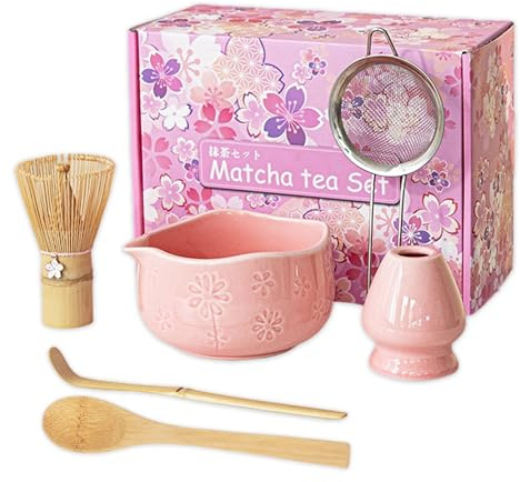 6-Piece Matcha Set with Floral Pink Ceramic Bowl, Pink Matcha Kit with Whisk, Scoop, Spoon, Sifter & Ceramic Whisk Holder Traditional Matcha Gift Set(Pink-01)