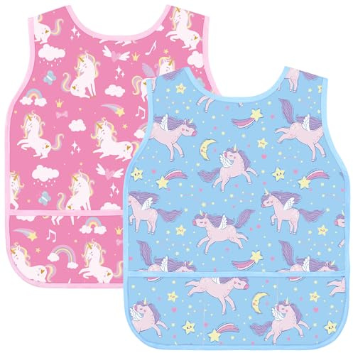 Guiqulai 2 Pcs Art Smocks for Kids Waterproof Artist Painting Aprons Toddler Sleeveless Children Painting Smock Kids Apron with 3 Pockets for Age 3-8 Years,Pink Unicorn