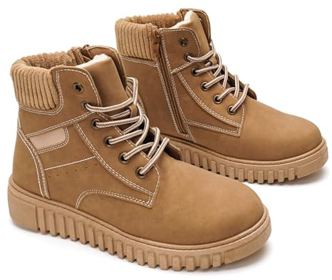 GLAMORA Botas de Nieve para Mujer Impermeables, Botines de Invierno con Pelo, Suela Antideslizante, Cremallera Lateral y Cordones, Botas Térmicas Cómodas G25200-camel-36