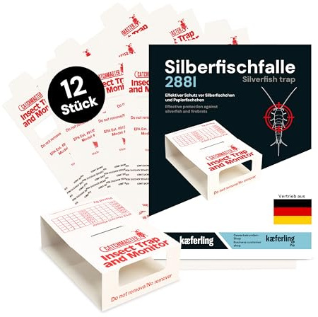 Catchmaster 288i 12x Monitoring-Klebefallen für Silberfische - 100% Giftfrei - Silberfischfalle mit Starkem Kleber - Für Haushalte mit Kindern & Haustieren zur Befallskontrolle - 4 Blätter à 3 Fallen