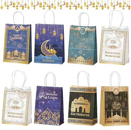 Ovanda Ramadan Kalender, 8 Stück Ramadan Geschenktüten, Ramadan Süßigkeiten Papiertüten mit Henkel, Eid Mubarak DIY Geschenktüten, Kraftpapiertüten Muslimischen Deko, Ramadans Geschenke Kinder