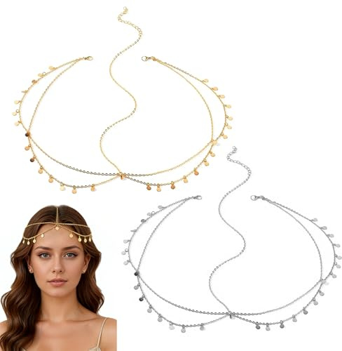 XFSRG 2 Pezzi Catena Testa Donna Oro Argento Dorata Catena Per Capelli Con Paillettes Bohemien Fascia Nappe Catena Copricapo a Catenas Multistrato per Matrimoni Balli Feste Carnevali