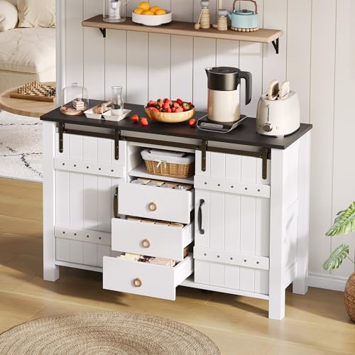 Jaxenor Kitchen Sideboard with 2 Sliding Doors, Storage Cabinet with 3 Drawers and Farmhouse Style, Storage Sideboard for Living Room, Kitchen, Bedroom, Black+White(120x40x80cm)