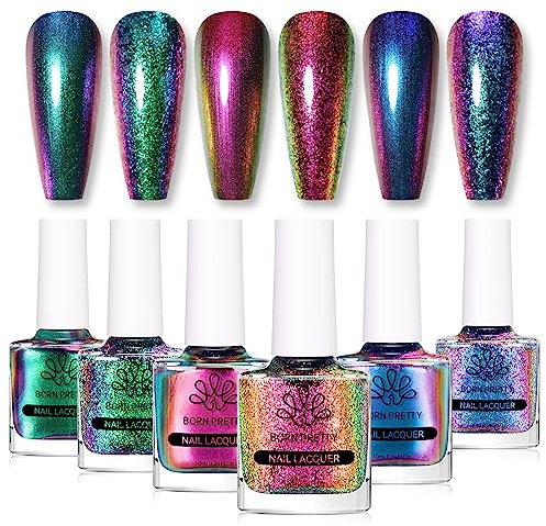 BORN PRETTY Chameleon Nail Polish 6 Colors Iridescent Glitter Quick Dry Nail Polish Shimmer Pearl Chrome Nail Varnish