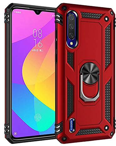 BestST Funda para Xiaomi Mi 9 Lite/para Xiaomi Mi A3 Lite/Mi CC9 +HD Protector de Pantalla,con Anillo Soporte 2in1 Dura PC + Suave TPU Silicona Carcasa Híbrido Armadura Bumper Case Cover,Rojo