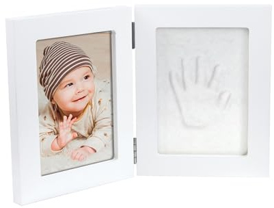 Happy Hands - Set di piccole impronte a doppia cornice, per una mano o un piede e una foto per ricordare (dimensioni: 13 x 17 cm, facile da usare, con pasta modellante sulla pelle), colore: Bianco
