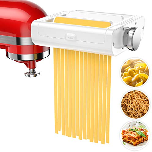 RETHONE 3-in-1 Pasta Maker Attachment for KitchenAid Stand Mixers - Includes Pasta Roller, Spaghetti & Fettuccine Cutter - Stainless Steel & Plastic - White/Silver