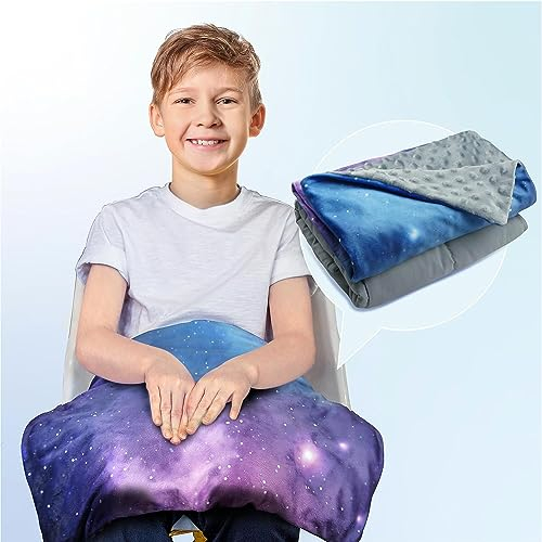 Solfres Small Weighted Lap Pad Blanket Throw for Kids Boys Teens 20in x 23in 5 Lbs - Sleep Therapy Plush Travel Size Galaxy Space Stars