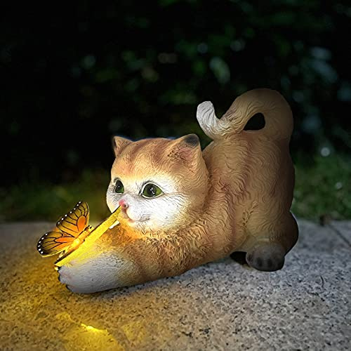 HIAME Katzenfigur Garten Deko Katze Gartendeko Schmetterlinge Solarlampen für Außen Balkon Gartendekoration Innenhof Layout niedlichen Katze Top Schmetterling Ornamente Harz Solarleuchten (Braun)