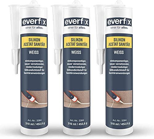 EVERFIX Sanitär Silikon Acetat weiss (310 ml, 3 Stück) für Bad, Dusche und Küche zum Abdichten und Verfugen für außen und innen, schimmelresistent, pilzhemmend, wasserdicht