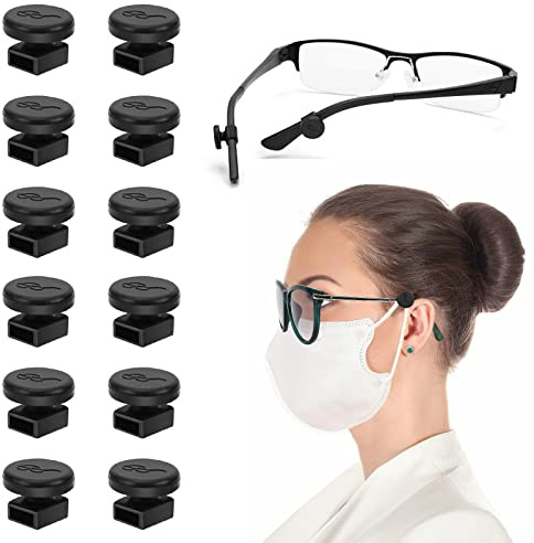 MEETI 6 Pairs Adjustable Eyeglass Hooks for Mask Holders to Protect Ears, Comfort Silicone Ear Saver for Masks Glasses, Relieve Pressure & Mask Ear Pain Strap Extenders, Black