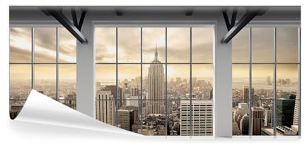 decomonkey Fototapete Fenster New York, 550x250 cm, Eckfototapete Skyline | Manhattan, City, 3d, effekt, Himmel, Biege, Grau, Schlafzimmer, Wohnzimmer, Design, Tapete, Fototapeten, Tapeten, Wandtapete