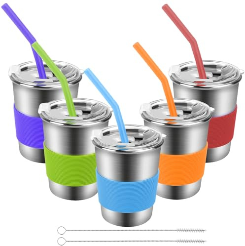 Yummy Sam 5 Pack Kids Cups with Silicone Straws and Lids 8oz Stainless Steel Water Drinking Bottle with Non-Slip Heat Insulation Half Sleeves for Children Adult School Outdoor Home Use