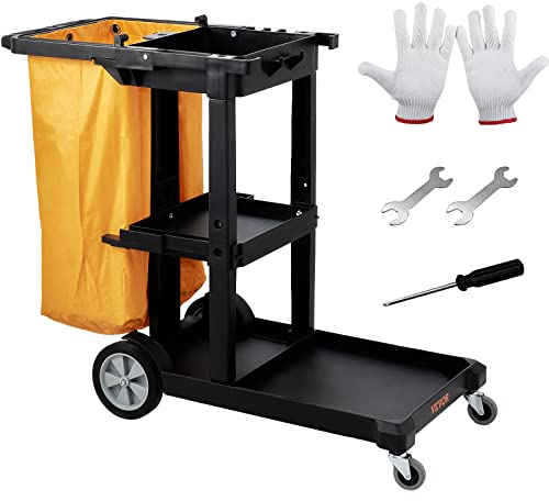 VEVOR Carrello per Pulizia di Servizio 3 Ripiani con Sacco per Raccolta Spazzatura Ruote in PVC Capacità Carico Max. 90,7kg, Carrello di Pulizia 3 Ripiani PP Sacco Raccolta Hotel Aeroporto Magazzino