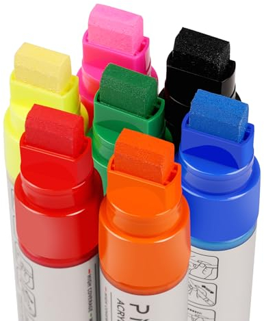 colpart Acryl-Marker Breit Keilspitze15mm Acrylstift wasserfest und Acrylstifte für Steine holz Window - Acryl Farben Weiss Wasserfest-Acrylfarben Set (neon) x7