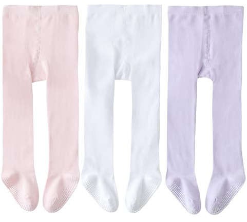EPEIUS Baby Tights Seamless Non Slip/Skid Leggings Newborn Girl Cotton Stockings Baby Boy Footed Pants Solid Plain Tights Pantyhose for 3-6 Months,3 Pair Pack,Pink/White/Purple