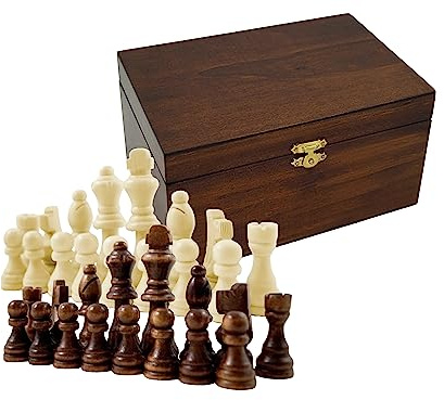 Holz Schachfiguren in Holzbox Königshöhe 79 mm - Staunton Design Schach Holzfiguren mit Filzgleiter in edler Holz Geschenkbox braun Gr. L König 79mm Springer handgeschnitzt