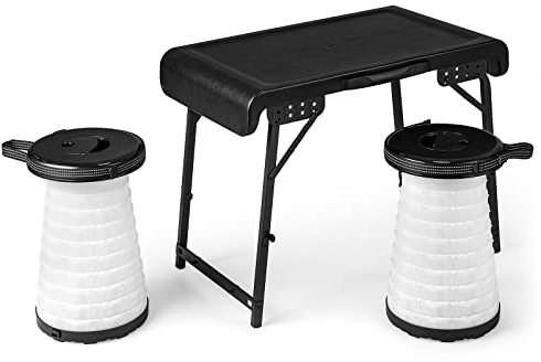 GOPLUS 3-TLG faltbares Campingtischset，Tragbarer Picknicktisch mit 2 ausziehbaren LED-Hockern, stabile Sitzgruppe für Picknick, Campen, Barbecue & Angeln, für Strand Garten Hinterhof, Schwarz