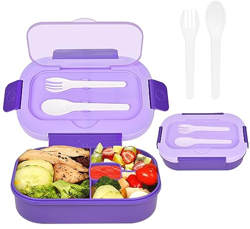AUAUY Porta Pranzo, Lunch Box Prova di Perdite, Bento Box con 4 Scomparti e Posate(Forchetta e Cucchiaio), 1300ML Portamerenda Ermetico Lunchbox, No BPA, per Microonde e Lavastoviglie - Viola