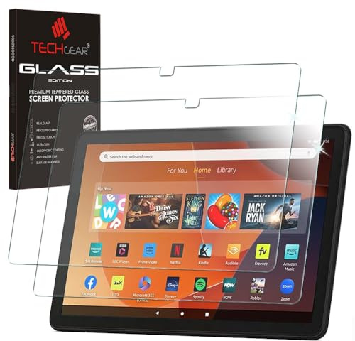 TECHGEAR Displayschutzfolie aus gehärtetem Glas für alle Amazon Fire HD 10 Zoll / HD 10 Kids Tablets (2023/13. Generation, 9H Härte, HD-Klarheit, kratzfest, blasenfrei, reaktionsschnell), 2 Stück