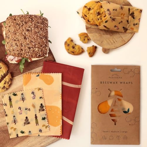 Parfórna Envoltura de cera de abeja, envoltorios de alimentos reutilizables y sostenibles en 3 tamaños, envoltorios de almacenamiento de alimentos, envoltura de sándwich de pan, ecológico, orgánico
