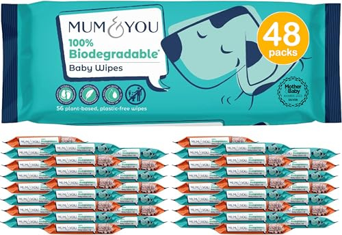 Mum & You Biodegradable Baby Wipes Multipack, 2,688 Wet Wipes (48 Packs) | 99.4% Water | Plastic Free and Eco Friendly Wipes | Recyclable Packaging | Suitable for Newborn Sensitive Skin