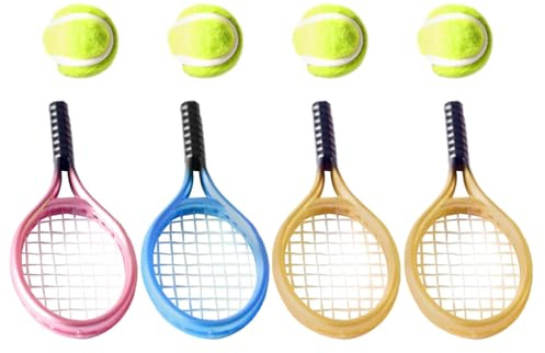 ifundom Mini Tennis Racket and Ball Set 4 Pieces Miniature Sports Decor for Dollhouses Photography Props and Party Accessories