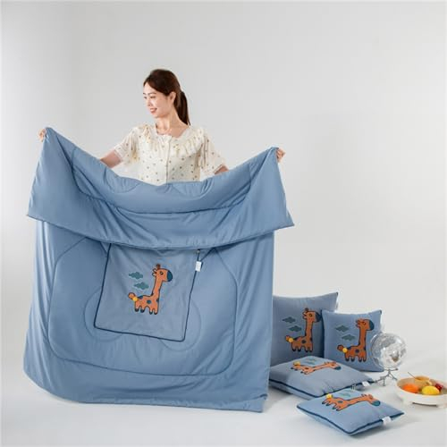 Hixingo Reisedecke und Kissen 2 in 1, Reisedecke mit Kissen Set Multifunktionale Reise Decke und Kissen 2 in 1 Weichem Flugzeug Verwandlungskissen für Urlaub, Camping (50 * 50cm,Giraffe-Blau)