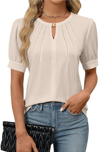 Blooming Jelly Womens Dressy Casual Tops Business Short Sleeve Work Blouses Keyhole Summer Shirts 2026 (Large, Beige)