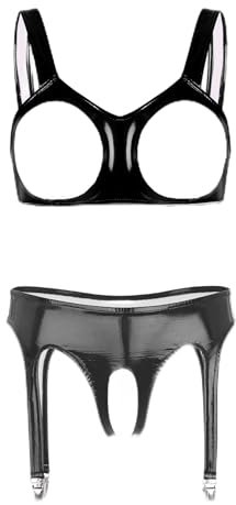 CHICTRY Womens 2 Piece Lingerie Set Stretch Vinyl Shelf Bra Quarter Cup Bra Tops with Panty Nightwear 4# Black A XL