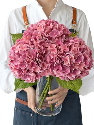 JINWOE Künstliche Hortensien, magentafarben, 53,3 cm, große Latex-Blumen, fühlen Sich echt an, Kunstseide, künstliche Hortensien mit Stielen für Blumenstrauß, Tischdeko, Zuhause, 3 Stück