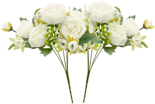 Bakiauli 2 Piezas Peonias Artificiales, Falsas Peonía Ramo Artificial para Decoración del Jardín de la Fiesta del Hogar Fiesta de Boda Arreglos Florales (Blanco)
