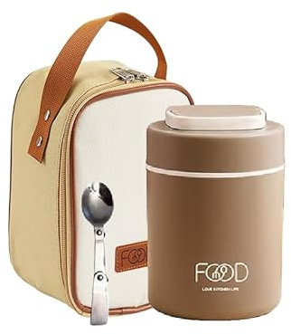 Termo Para Comida 520 ml de Acero Inoxidable - Aislamiento al Vacío - Ideal para Niños y Adultos - Mantiene Alimentos Calientes y Fríos - Con funda térmica y cuchara (Marron)