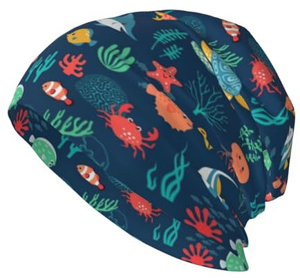 Fish Turtle Jellyfish Beanie, Strickmütze für Damen und Herren, warm, bequem, atmungsaktiv, weich, für draußen, Schwarz, Schwarz , Einheitsgröße