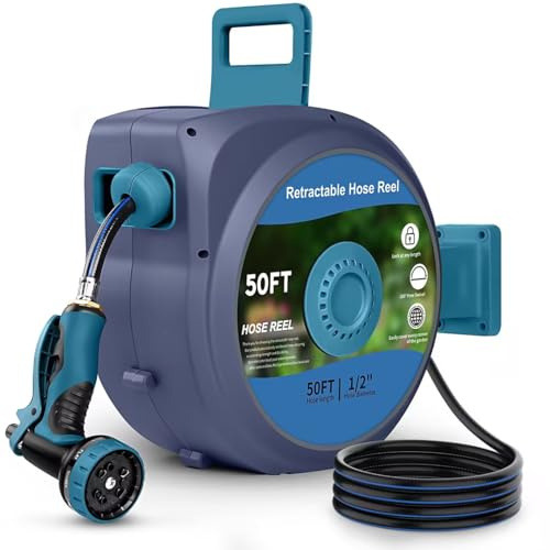 Tuzoc Retractable Garden Hose, Heavy Duty Wall-Mounted Hose Reel with 180° Swivel Bracket, Automatic Slow Return System with 10 Function Nozzle, Any Length Lock for outside Watering,Cleaning（50ft）