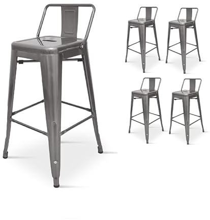 Set med 4 barstolar i rå metall, galvaniserat utseende, industriell stil, med ryggstöd – höjd 76 cm