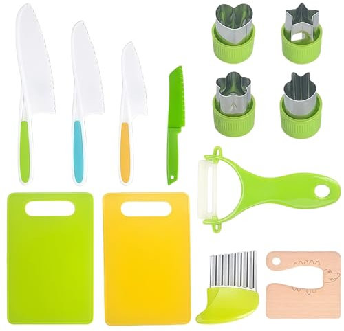 babykindwelt mini kochset MiniKoch 13-teiliges Montessori Kinder Küchenmesser Set – Sicheres Kochen für Kinder ab 2 Jahren mit Gemüse-Ausstechformen, Holzmesser & Schneidebrett