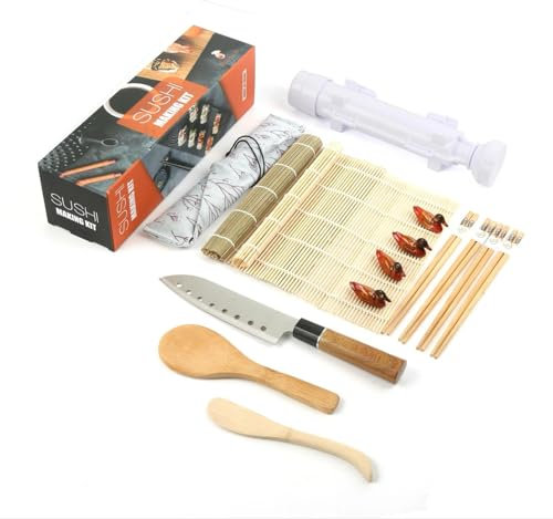 THP DEALS Sushi Making Kit 16 Pcs - Bazooka Maker with 2 Bamboo Mats and 4 Chopsticks with Bag, Paddle, Spreader, DIY Sushi Roller Machine for Beginners with Cook Book