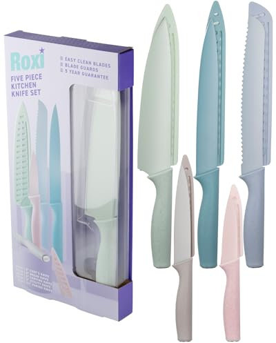 Roxi 5 Piece Kitchen Knife Set - with Ultra Sharp Stainless Steel Blades & Protective Guards/Sheaths. Multicoloured with Nonstick Coating. Includes Chefs, Bread, Utility, Paring & Carving Knives.