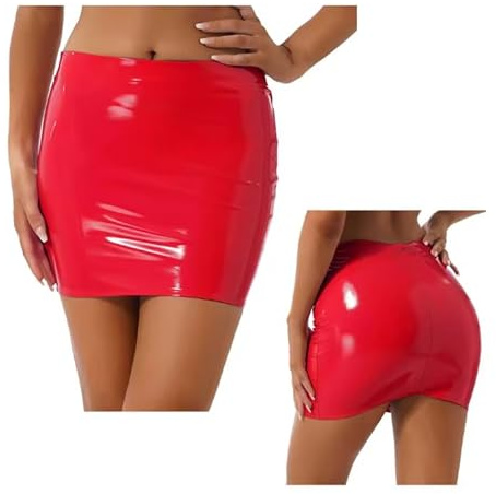 TTANYYUINGOU Womens Latex Patent Leather Miniskirt Elastic Waistband Glossy Skirt Costume,RED,M