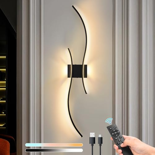 SERBASIC Large Battery Operated Wall Lights Living Room,100cm Rechargeable Wireless Wall Lights with Remote Control,Stepless Colors 3000K-6000K & Dimming,Morden Touch Wall Sconces for Room Decoration
