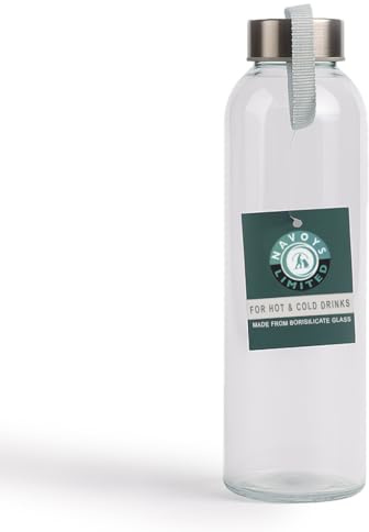 NAVOYS Glass Water Bottle, 500ml Borosilicate Glass, Stainless Steel Lid with Strap, Hot & Cold Drinks