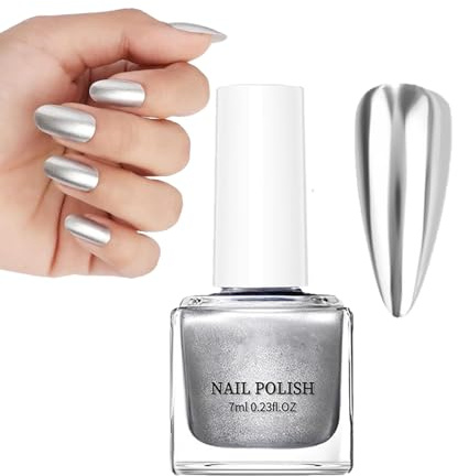 Silver Metallic Nail Polish Mirror Nail Varnish Quick Drying Metallic Effect Water-Based Chrome Nails Polish, Long Lasting Silver Plating Nails Varnish Breathable Nail Art No UV Needed