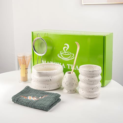 Matcha Whisk Set with Matcha Bowl, 8Pcs Matcha Tea Set Matcha Whisk and Holder, Matcha Cup, Scoop, Sifter and Tea Cloth(White-01)