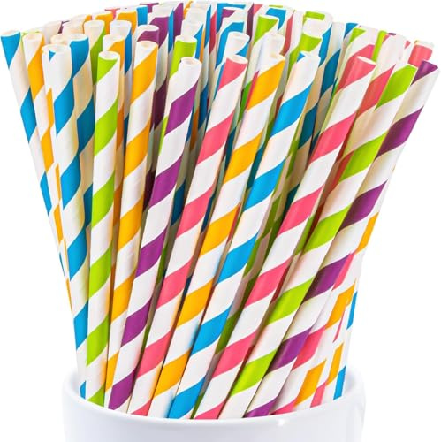 200 Pcs Paper Straws, Multicolored and Striped Paper Straws, Compostable for Drinking, Cocktails, and Parties