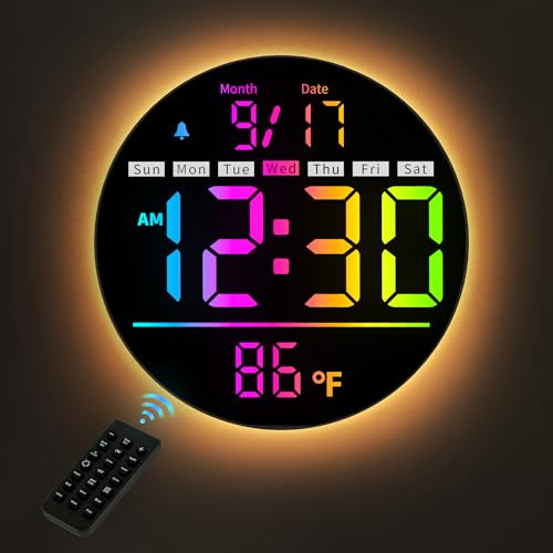 HAITANG Digitale Wanduhr Groß 20cm, Wanduhr mit Fernbedienung & RGB Farbwechsel, Autom. Helligkeit, Temperatur, Sommerzeit (DST), Wecker mit Werktags/Wochenend-Modus, LED Digitaluhr für Schlafzimmer